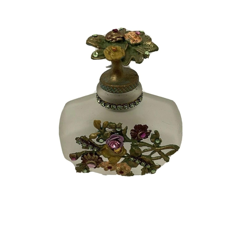 Belladonna Floral Perfume Bottle Gold Faux Top Clear Glass Handmade 2 1/2" Empty